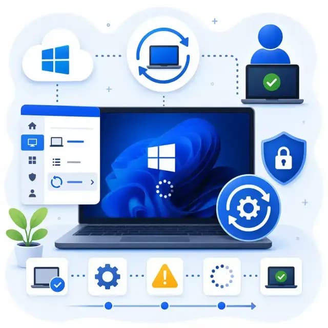 A Windows Autopilot reset in Microsoft Intune, with a central Windows laptop, cloud management, reset, security.