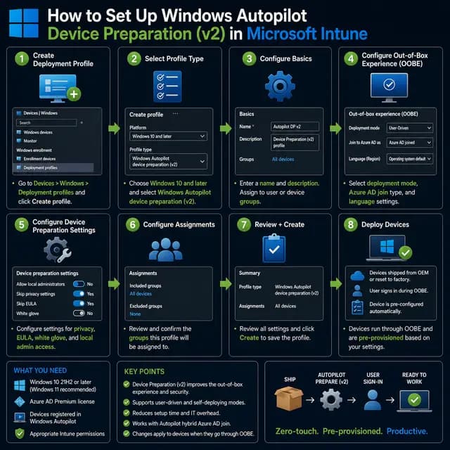 Windows Autopilot Device Preparation v2 configured in Microsoft Intune, with group assignment, policy setup.