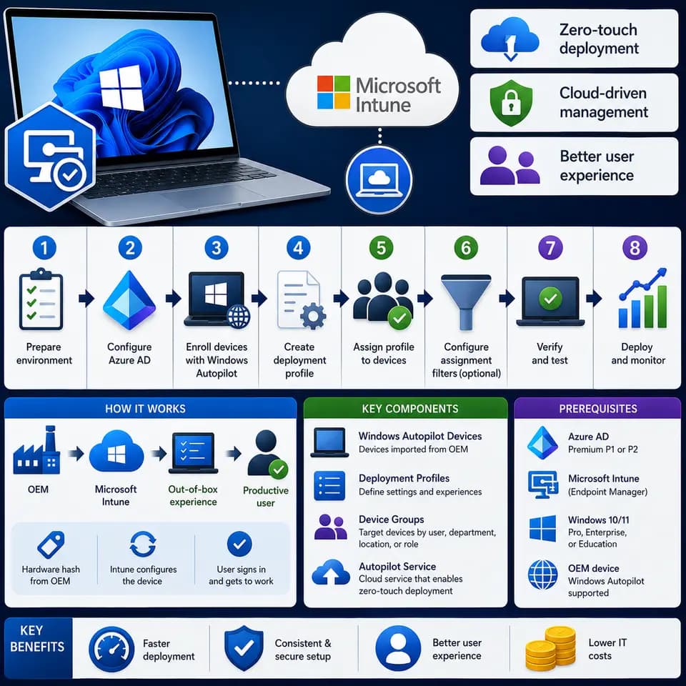 The Windows Autopilot setup workflow in Microsoft Intune, including device enrollment, deployment profiles, assignments.