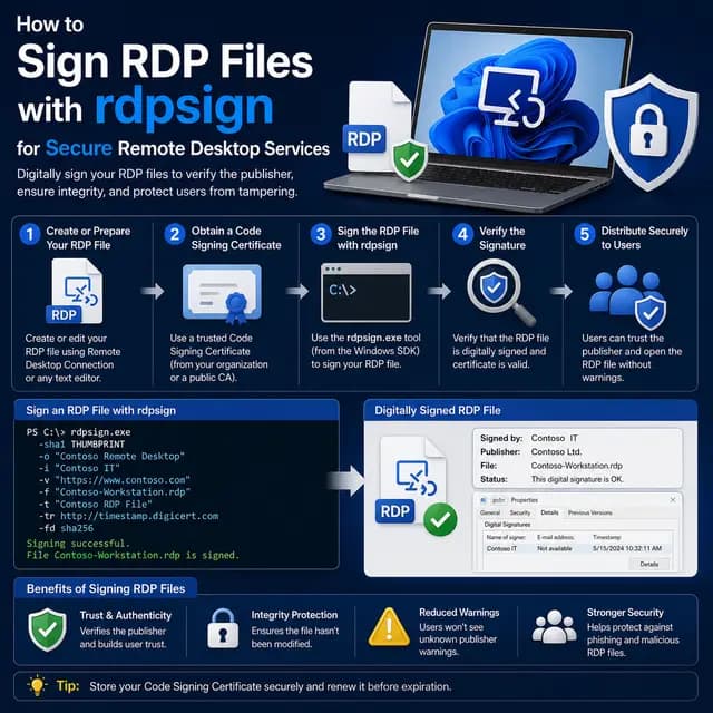 How to digitally sign RDP files with rdpsign, using a code-signing certificate, certificate thumbprint.