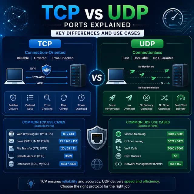 TCP and UDP ports, with reliable connection-oriented delivery on one side and faster connectionless communication on the.