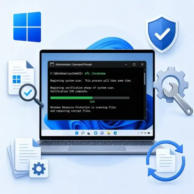 System File Checker running the sfc /scannow command on a Windows 11 laptop to scan and repair corrupted system files.