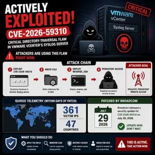 VMware vCenter server dashboard with a warning overlay indicating active exploitation
