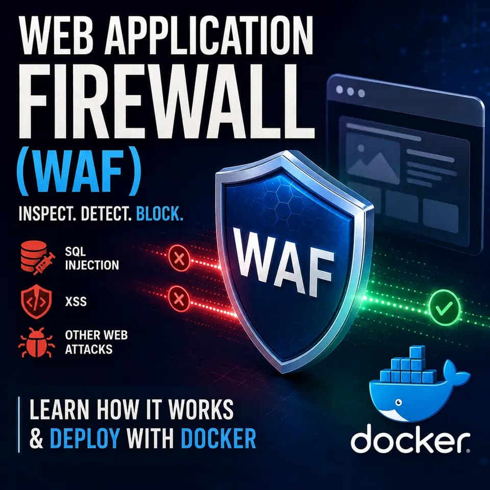 Square tutorial infographic explaining how a Web Application Firewall inspects HTTP/HTTPS traffic to block attacks such as SQL injection and XSS, with steps for deploying a WAF using Docker, ModSecurity, and OWASP CRS.