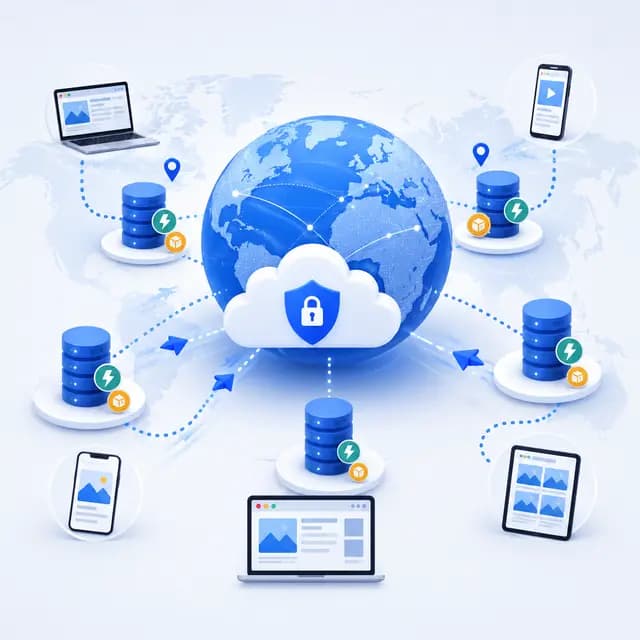 A content delivery network distributing cached web content from global edge servers to users on laptops, phones, and tablets.