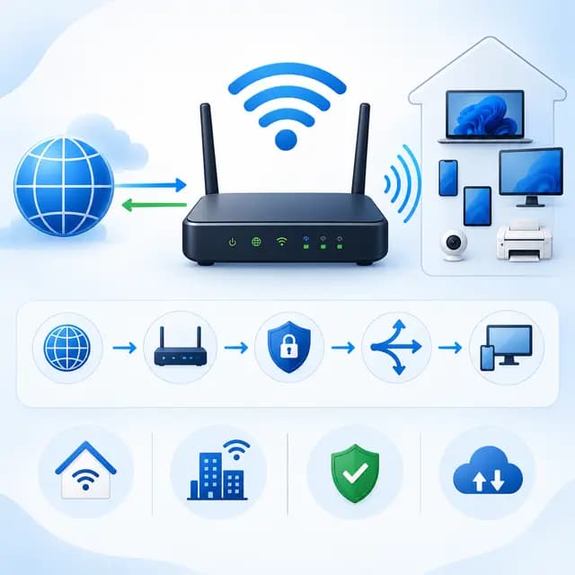 A router connecting the internet to home and office devices, with Wi-Fi, security, traffic routing.