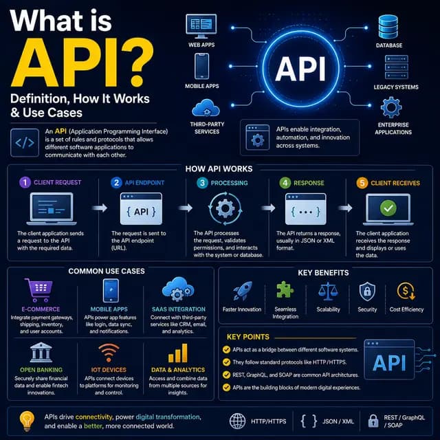 Abstract visualization of different software systems connected through API interfaces with data flow elements in blue, teal.