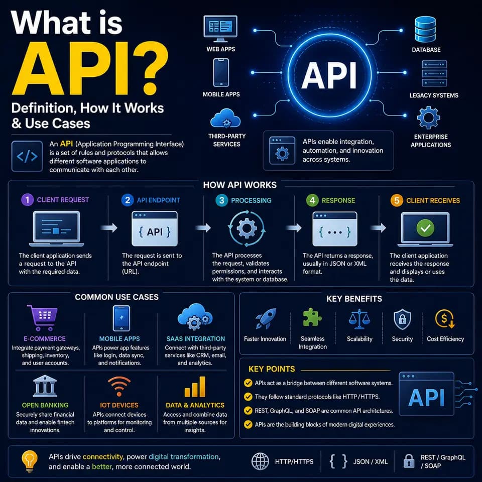 Abstract visualization of different software systems connected through API interfaces with data flow elements in blue, teal.