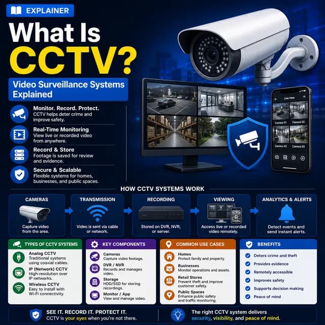 A CCTV video surveillance system with security cameras, live monitoring screens, mobile viewing, recording, analytics.