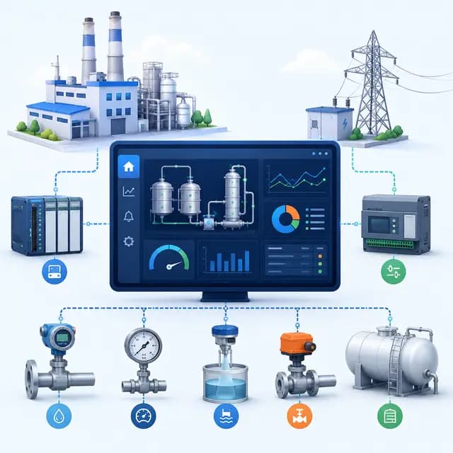 A SCADA system monitoring and controlling industrial equipment, sensors, PLCs, power infrastructure.