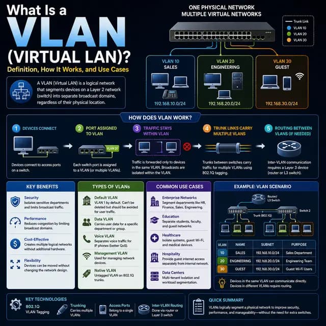 Abstract network visualization showing connected devices and switches with visual separation into different virtual LAN.