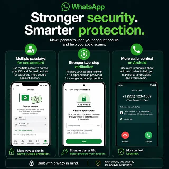 Square WhatsApp security infographic highlighting multiple passkeys across iOS and Android, stronger alphanumeric two-step verification, and additional caller context on Android to help users identify potential scams.