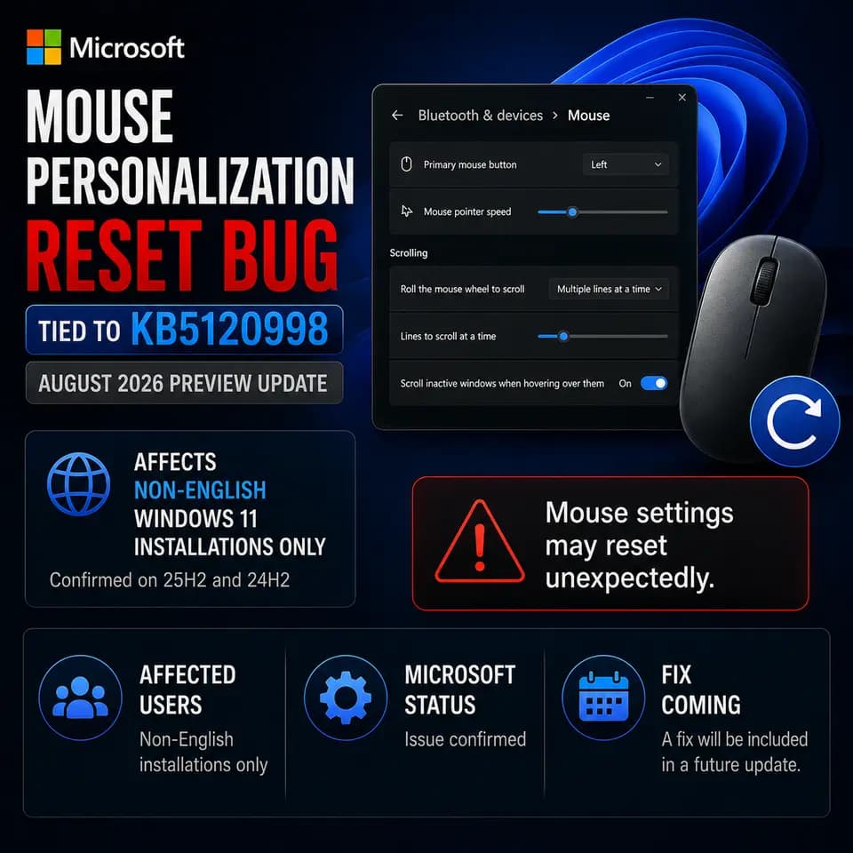 Square Windows 11 news cover warning that KB5120998 can reset mouse personalization settings on non-English Windows 11 24H2 and 25H2 installations, with Microsoft confirming the issue and a fix planned.