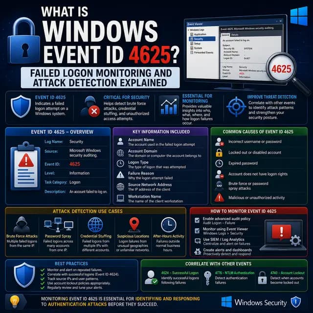 Windows Event ID 4625 for failed logon attempts, with Event Viewer, account errors, brute-force detection.