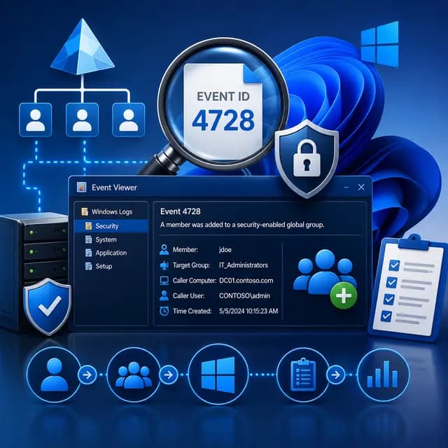 Windows Event ID 4728 for a user added to a security-enabled global group, with Active Directory, Event Viewer, auditing.