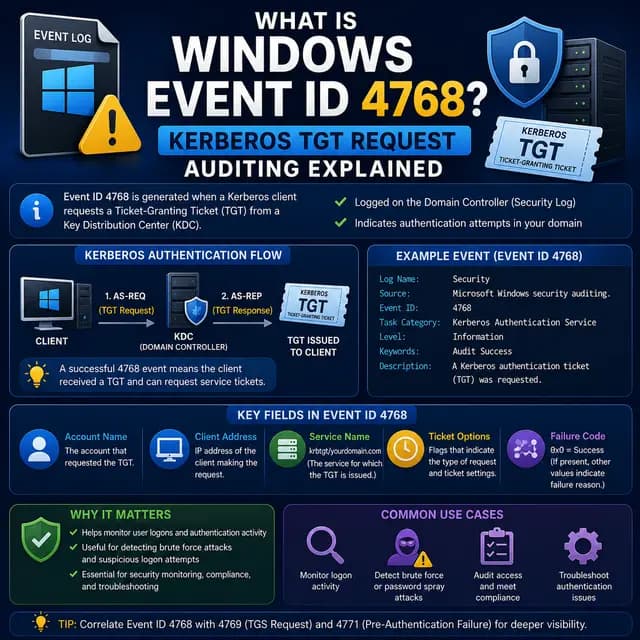 Windows Event ID 4768 for a Kerberos Ticket-Granting Ticket request, with a client, domain controller, authentication flow.