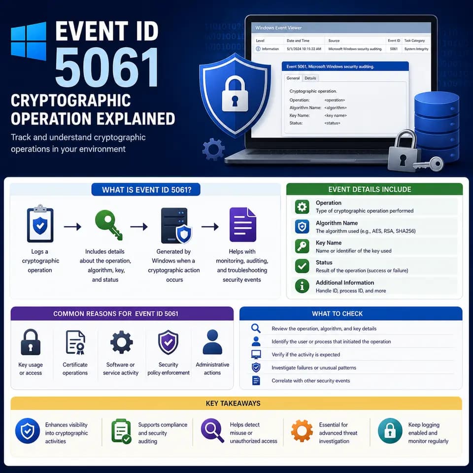 Windows Event ID 5061 for a cryptographic operation, with Event Viewer, encryption keys, certificates, algorithms.