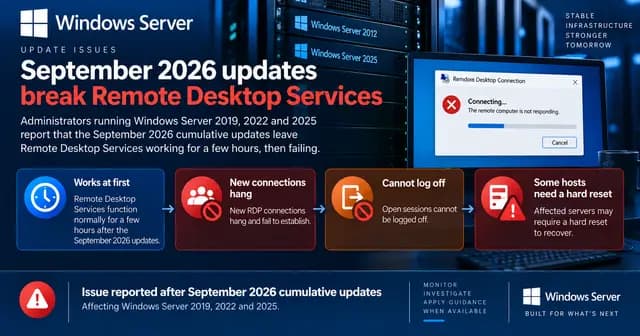 Wide Windows Server news cover warning that September 2026 cumulative updates can cause Remote Desktop Services to fail after several hours on Windows Server 2019, 2022, and 2025, with connections hanging, sessions unable to log off, and some hosts requiring a hard reset.