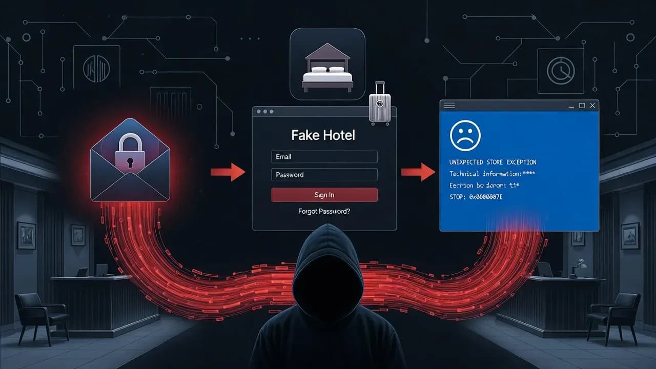 PHALT#BLYX: Fake Booking.com Emails and ClickFix BSoD Trap Deploy DCRat Malware on Hotel Systems