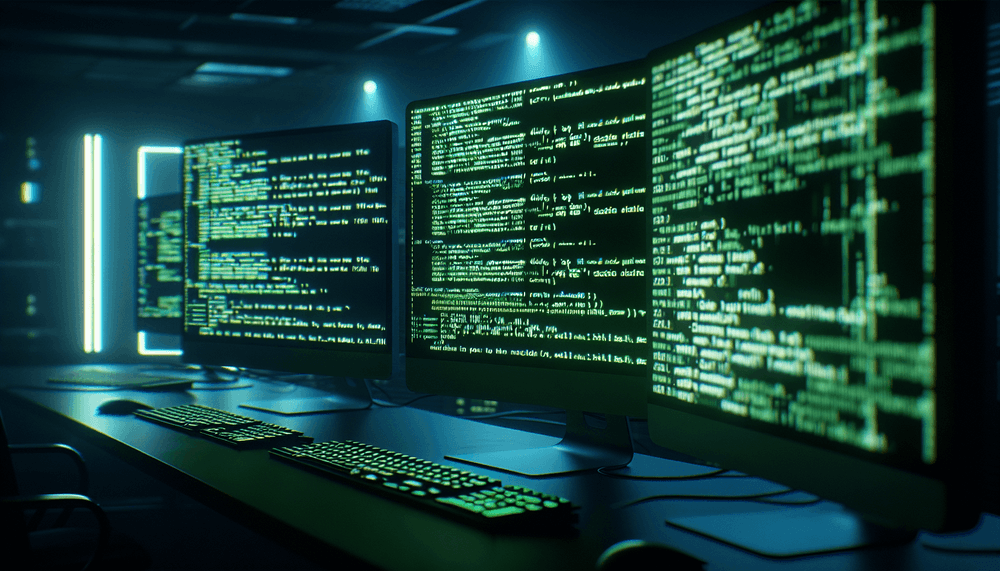 Computer screens displaying code with security warnings highlighted in terminal windows