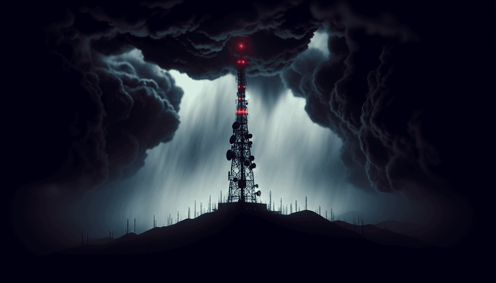 Telecommunications tower with red warning lights against stormy dark sky