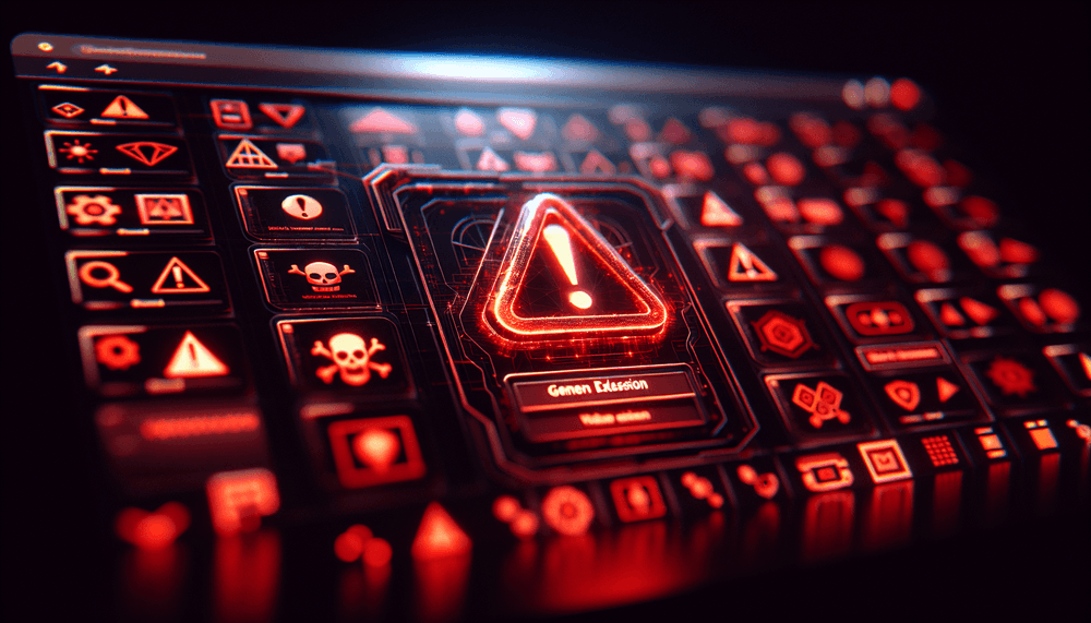 Computer screen displaying Chrome browser with malicious extension warning indicators
