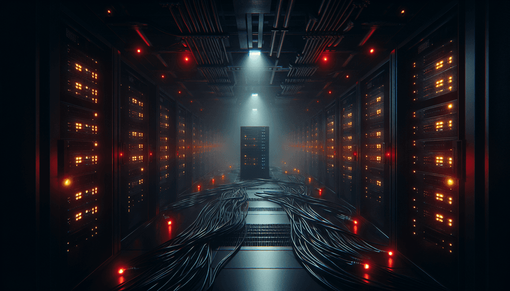 Server room with red emergency lighting and network equipment in shadows