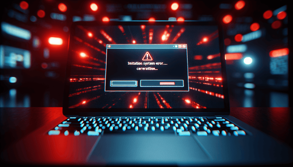 MacBook displaying suspicious error dialog with dramatic red lighting and shadows