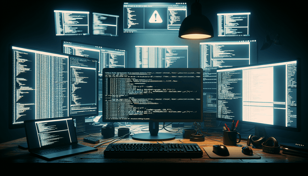 Developer workspace with suspicious command prompt on screen showing potential malware threat