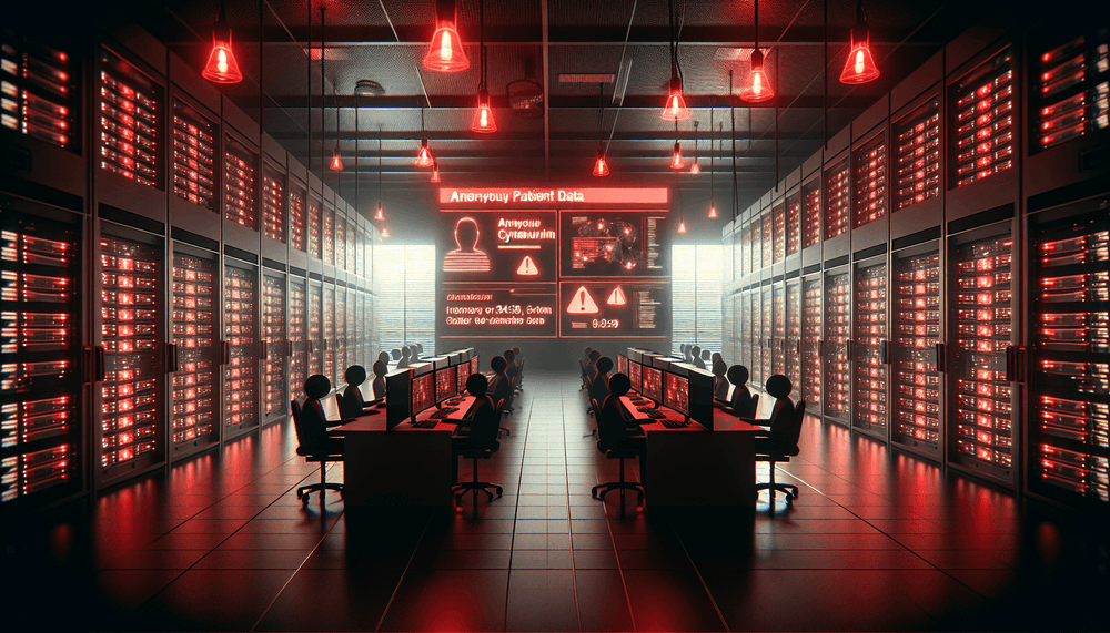 Healthcare data center with servers and warning lights indicating security breach