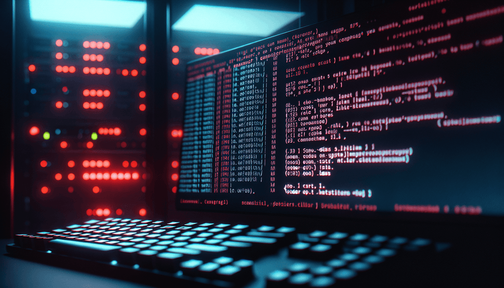 Cracked computer terminal screen with Linux commands in dramatic lighting