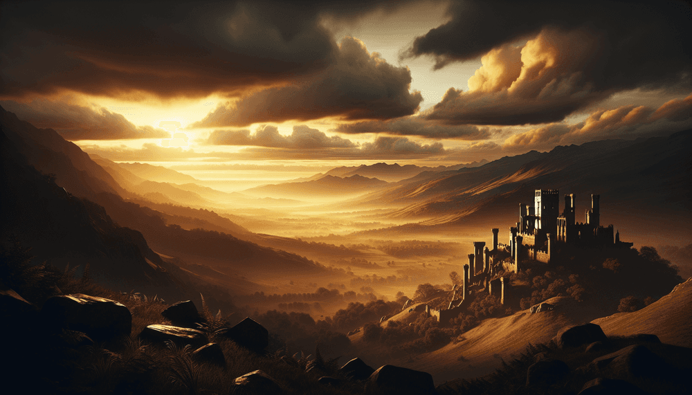 Fantasy landscape with medieval ruins under dramatic cloudy sky