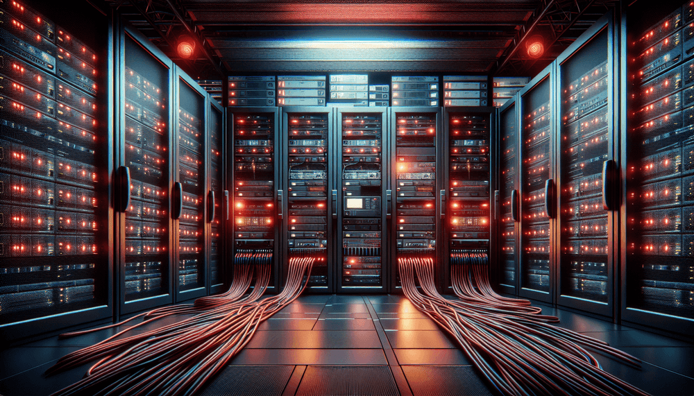 Telecommunications server room with network equipment under red warning lights
