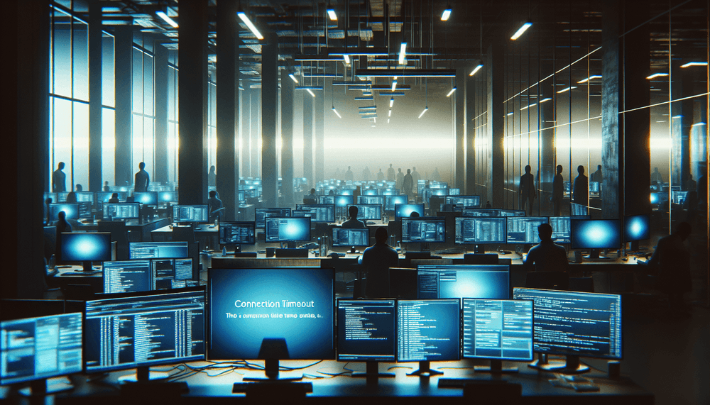 Office computers displaying email connection error messages on multiple screens