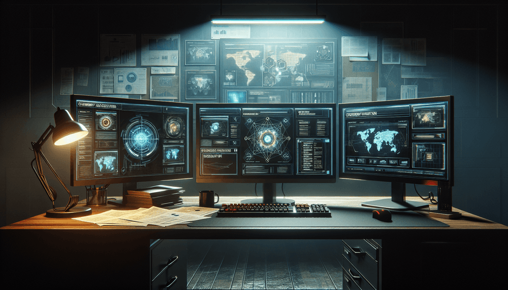 Gaming computer setup with Steam interface and FBI investigation materials