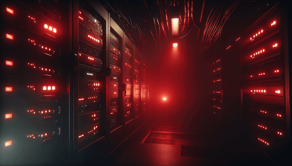 Dark server room with red emergency lighting highlighting network firewall equipment
