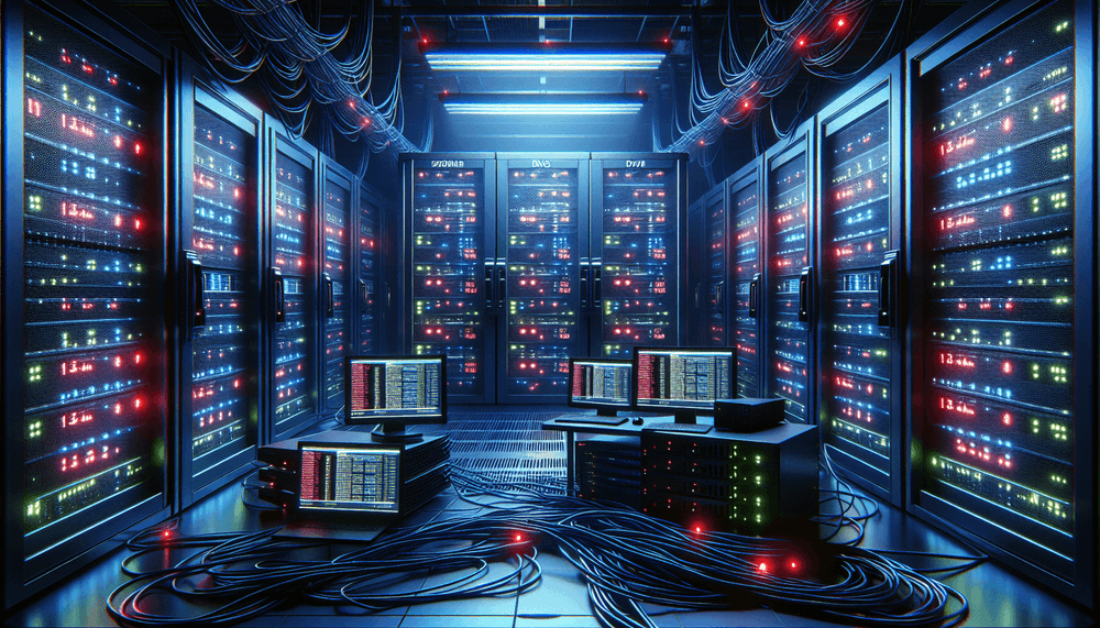 Dark server room showing DNS infrastructure and network security monitoring systems