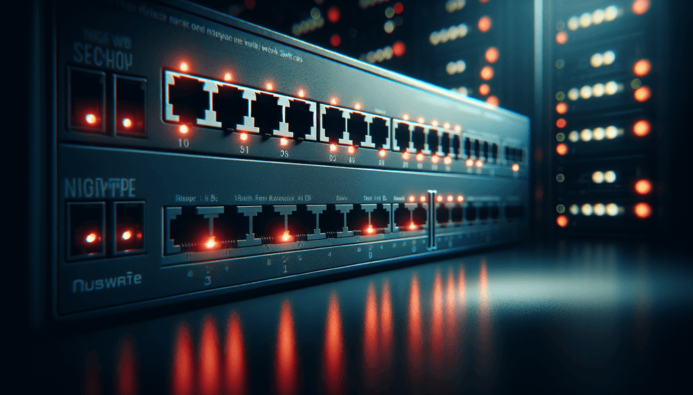 Enterprise network switch with red warning lights in dark server room