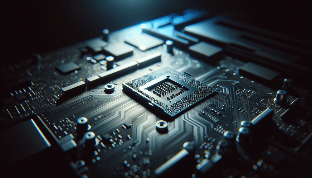 Close-up view of laptop motherboard with CPU socket and circuit traces