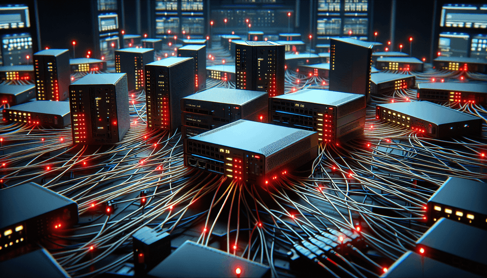 ASUS routers with warning indicators connected in network formation