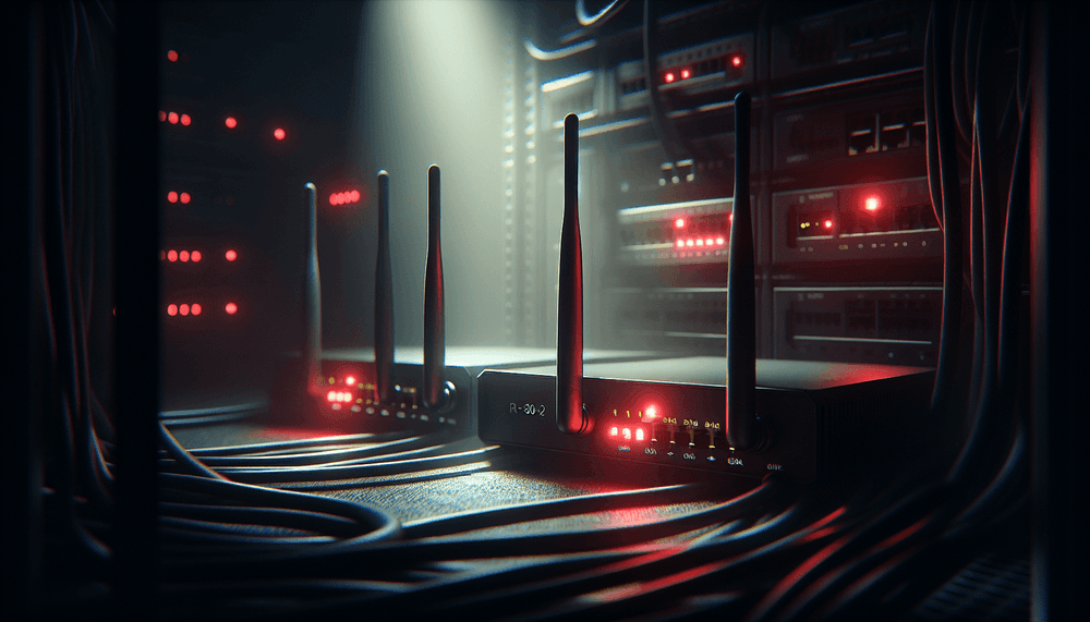 Multiple wireless routers with red warning lights in dark server environment