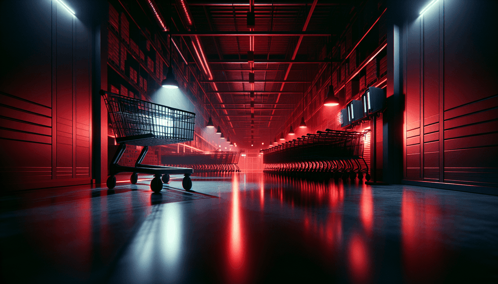 Empty retail store with red emergency lighting and security monitors