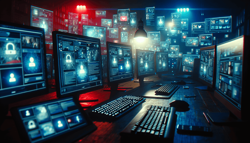 Multiple computer screens showing social media platforms in dark room with dramatic lighting