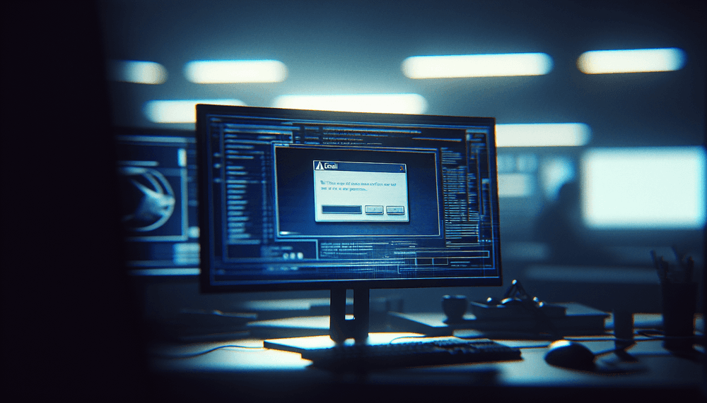 Computer monitor showing frozen Outlook application with error message dialog