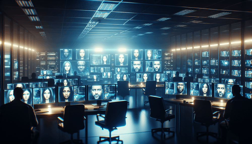 Multiple computer screens showing video calls with digitally altered faces in dark office