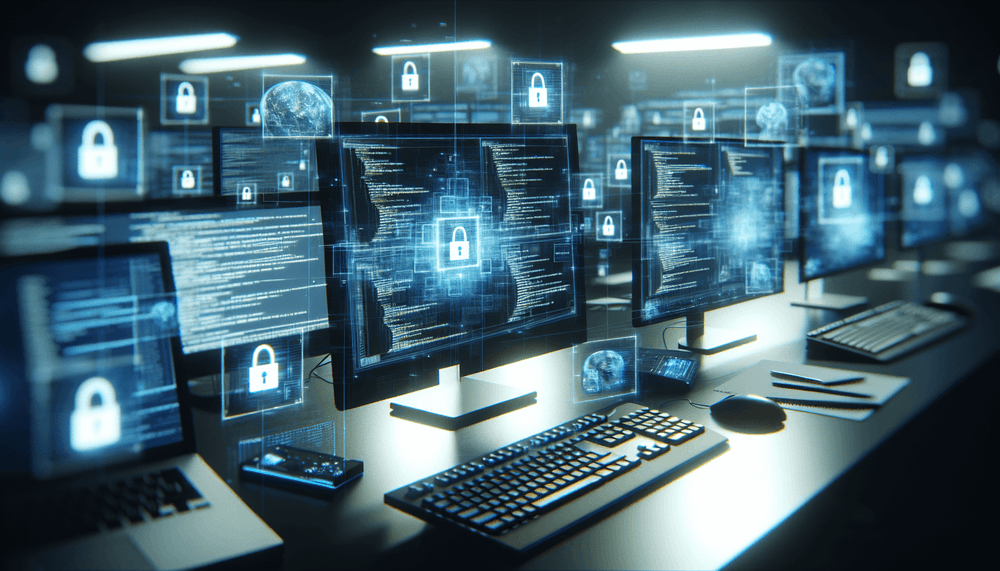 Modern development office with multiple coding monitors and ambient blue lighting