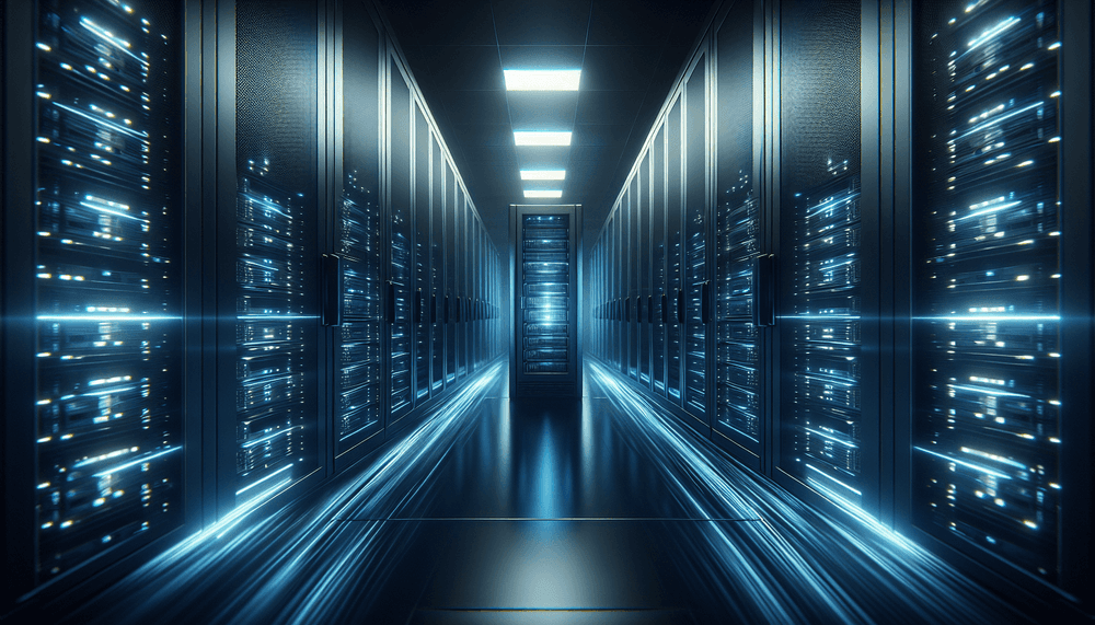 Modern data center servers with blue LED lighting representing AI model efficiency