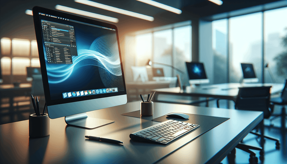 Modern Windows desktop workspace with keyboard and multiple application windows