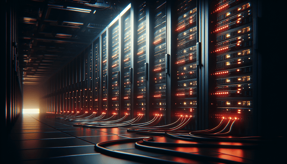 Dark server room with red warning lights and blinking network equipment indicating cyber security threat