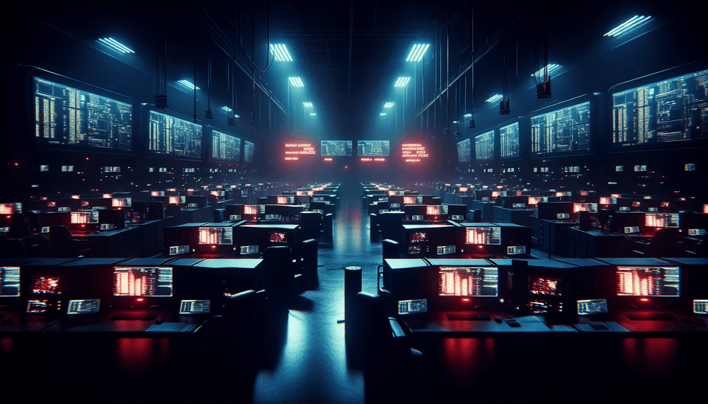 Dark military command center with glowing security alert screens and dramatic lighting